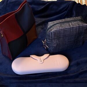 Colorful Patchwork and Grid Pattern Pouches with Pink Case